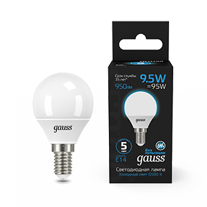 Gauss Лампа Шар 9.5W 950lm 6500K E14 LED 1/10/50 105101310
