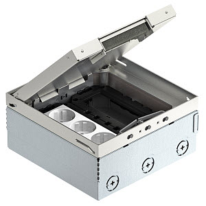 Купить OBO Bettermann Лючок UDHOME4 (3 розетки + 3 пустых места для ЭУИ 45х45, выемка 15 мм под напольное покрытие) сталь 7427216