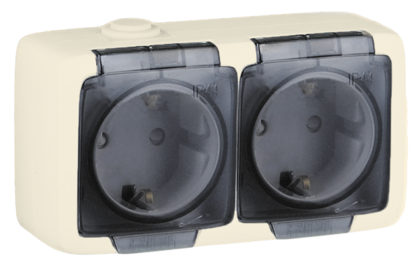 Hegel Альфа IP44 наруж Слоновая кость РА16-252-01 Розетка с/з двойная, со шторками, брызгозащищенная
