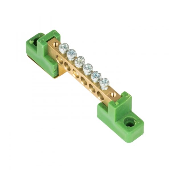 EKF PROxima Шина "0" PE 6x9мм 6 отверстий латунь с контактной пластиной 2 зелёных угловых изолятора