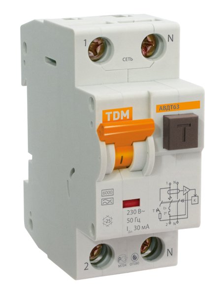 Купить TDM АВДТ 63 2Р(1Р+N) C40 100мА 6кА тип А SQ0202-0008