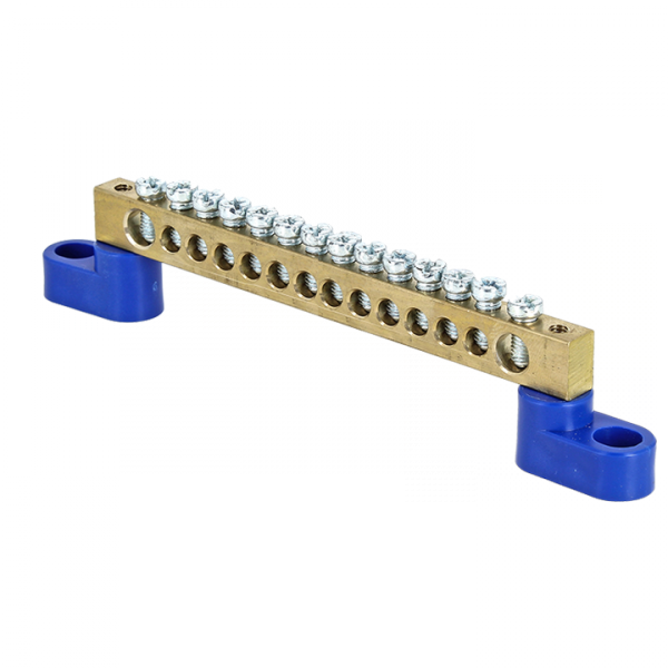 EKF PROxima Шина "0" N (6х9мм) 14 отверстий латунь 2 синих угловых изолятора