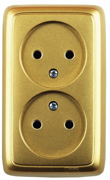Hegel Альфа наруж Золото РА16-144-07 Розетка двойная, со шторками, изол. пластиной (250В, 16А)