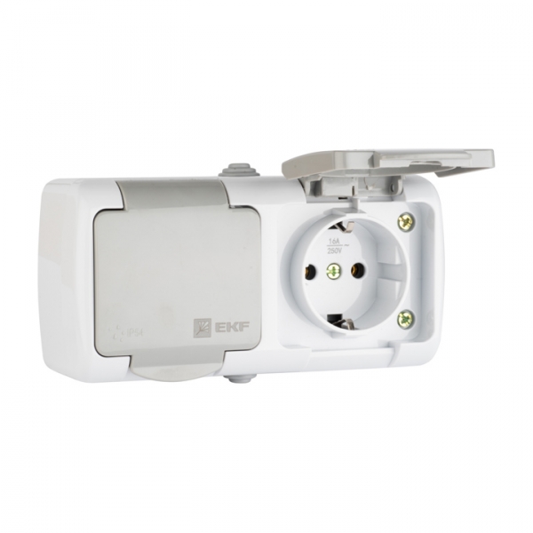 EKF PROxima Мурманск Розетка 2-местная 16А с заземлением с крышкой IP54 серый с защитными шторками