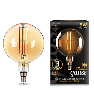 Gauss Лампа Filament G200 8W 780lm 2400К Е27 golden LED 153802008