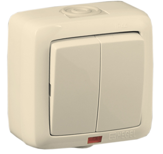 Hegel Альфа IP44 наруж Слоновая кость ВА10-252-01 Выключатель 2-клавишный, с индикацией, брызгозащищенный