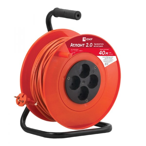 EKF PROxima Удлинитель на катушке "Атлант 2.0" 4 гнезда 40м без заземления ПВС 2*0,75 6А/1,3кВт