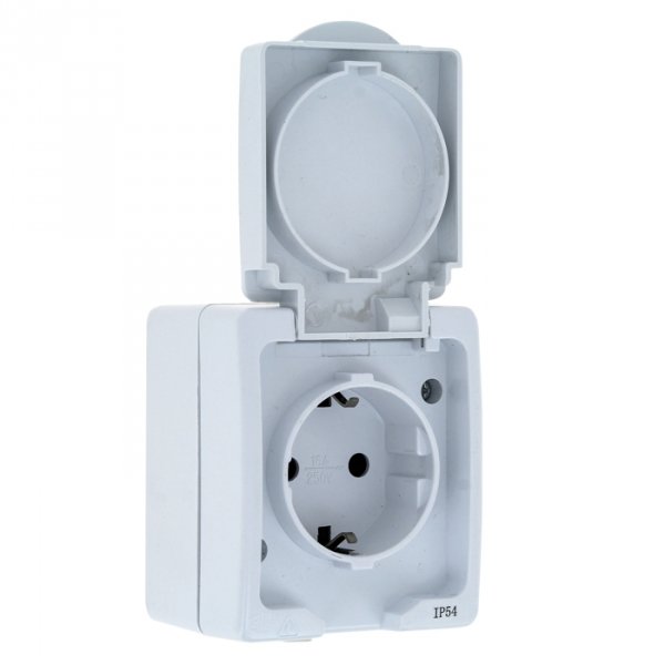 EKF PROxima Венеция Розетка 1-местная 16А с заземлением с крышкой IP54 белый с защ. штор. EVR16-029-10-540