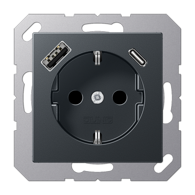 JUNG SCHUKO Матовый антрацит, Розетка с USB-зарядным устройством, тип A + тип С; термопласт A1520-15CAANM