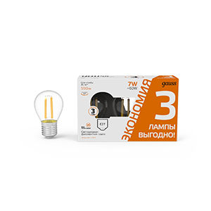 Лампа Gauss Filament Шар 7W 550lm 2700К Е27 LED (3 лампы в упаковке) 1/20 105902107T Лампа Gauss Filament Шар 7W 550lm 2700К Е27 LED (3 лампы в упаковке) 1/20 105902107T