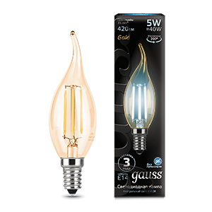 Gauss Лампа Filament Свеча на ветру 5W 420lm 4100К Е14 golden LED 104801805