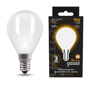 Gauss Лампа Filament Шар 9W 590lm 3000К Е14 milky LED 105201109