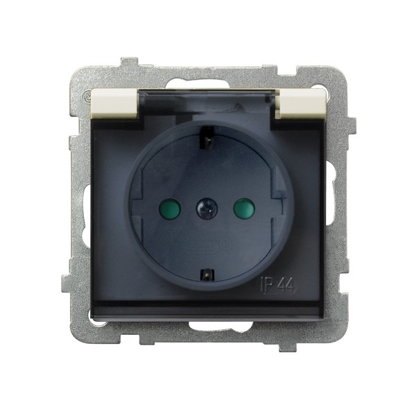 Ospel Sonata Бежевый Розетка 1-ая с/з IP44 с крышкой  Schuko со шторками, без рамки GPH-1RSP/m/27/d