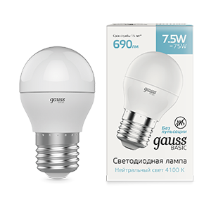 Gauss Лампа Basic Шар 7,5W 690lm 4100K E27 LED 1053228