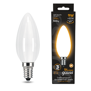Gauss Лампа Filament Свеча 9W 590lm 3000К Е14 milky LED 103201109