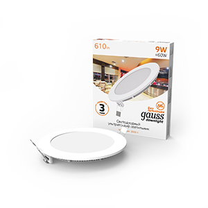 Gauss Светильник Slim круг 9W 610lm 3000K 180-265V IP20 монтаж Ø130 145*22 LED 939111109
