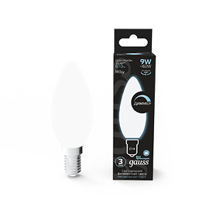 Gauss Лампа Filament Свеча 9W 610lm 4100К Е14 milky диммируемая LED 103201209-D