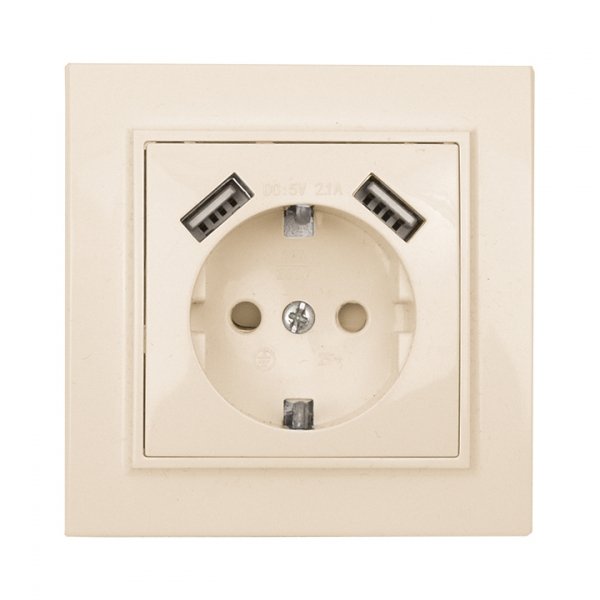 EKF Basic Минск Бежевый Розетка с/з, со шторками, 16А, с 2 USB 2,1А, СП