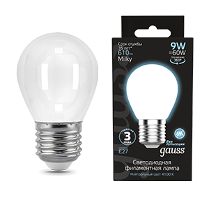 Gauss Лампа Filament Шар 9W 610lm 4100К Е27 milky LED 105202209