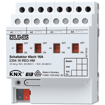 JUNG KNX Актор 4-х канальный 220V AC 16 A возм ручн упр DIN-рейка 2304.16REGHM