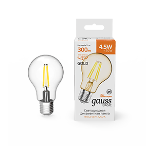 Gauss Лампа Basic Filament А60 4,5W 300lm 2200К Е27 golden LED 1/10/40 1021245