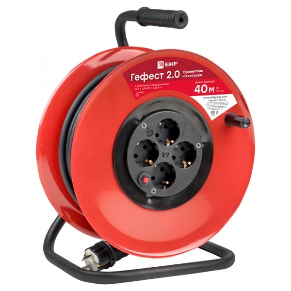 EKF PROxima Удлинитель на катушке "Гефест 2.0" 4 гнезда 40м с заземлением и предохранителем КГ 3*1,5 16А/3,5кВт