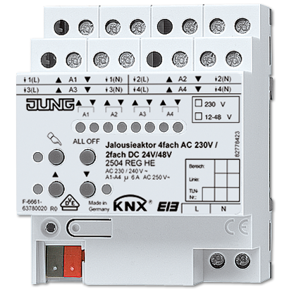 JUNG KNX Актор жалюзи 4-х канальный 220V AC 12-24V DC 6А возм ручн упр DIN-рейка 2504REGHE