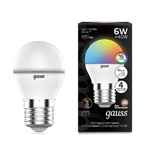 Gauss Лампа Шар G45 6W E27 RGBW димирование LED 1/100 105102406