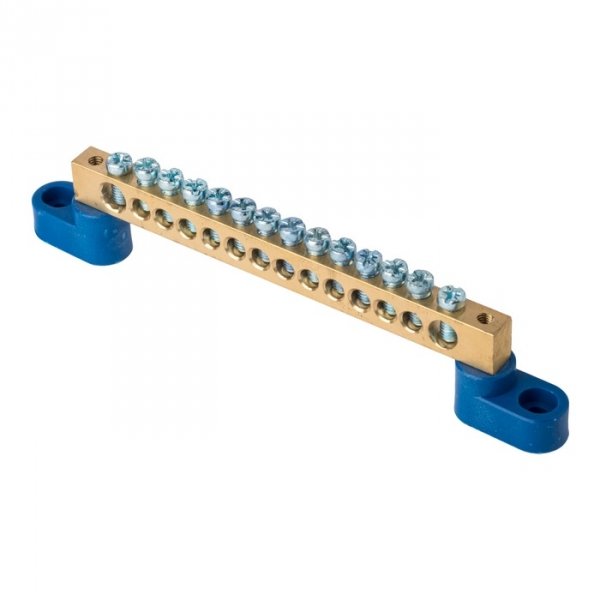 EKF PROxima Шина "0" N (8х12мм) 14 отверстий латунь 2 синих угловых изолятора