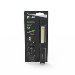 Gauss Фонарь ручной модель GFL109 4W 200lm 3xAAA LED 1/12/72 GF109