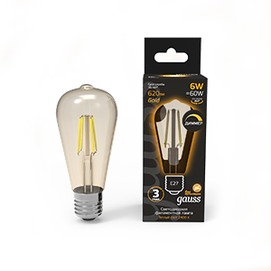 Gauss Лампа Filament ST64 6W 620lm 2400К Е27 golden диммируемая LED 1/10/40 102802006-D