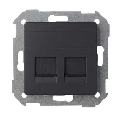 Simon S82 Concept Черный матовый Розетка прямая для передачи данных со шторками на 2 разъема RJ45 8200006-098