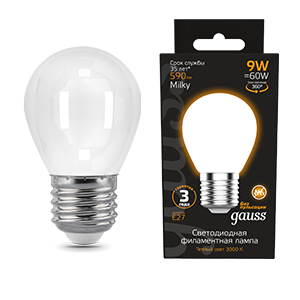 Gauss Лампа Filament Шар 9W 590lm 3000К Е27 milky LED 105202109 Gauss Лампа Filament Шар 9W 590lm 3000К Е27 milky LED 105202109