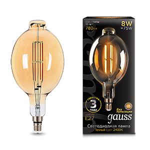 Gauss Лампа Filament BT180 8W 780lm 2400К Е27 golden straight LED 151802008