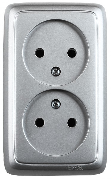 Hegel Альфа наруж Серебро РА16-144-06 Розетка двойная, со шторками, изол. пластиной (250В, 16А)