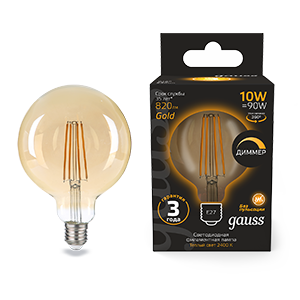 Gauss Лампа Filament G125 10W 820lm 2400К Е27 golden диммируемая LED 1/20 158802010-D