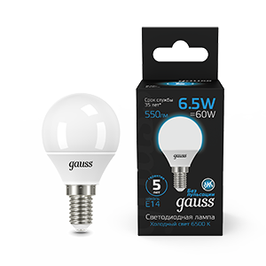 Gauss Лампа Шар 6.5W 550lm 6500K E14 LED 1/10/100 105101307