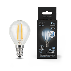 Gauss Лампа Filament Шар 7W 580lm 4100К Е14 шаг. диммирование LED 105801207-S