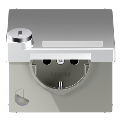 JUNG SCHUKO розетка с крышкой и полем для надписи, алюминий AL1520NAKLSL