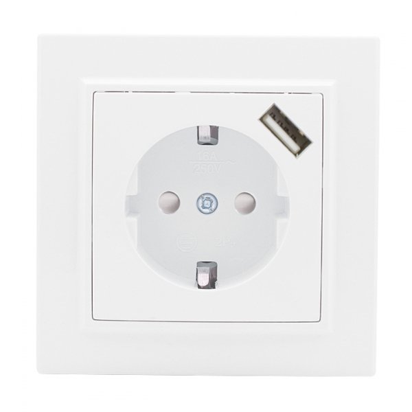 EKF Basic Минск Белый Розетка с/з, со шторками, 16А, с USB 1А, СП