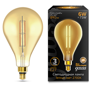 Gauss Лампа Filament PS160 6W 890lm 2700К Е27 golden straight LED 179802118