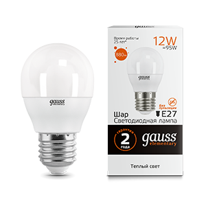 Gauss Лампа Elementary Шар 12W 880lm 3000K Е27 LED 53212