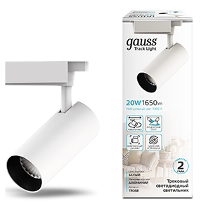 Gauss Светильник трековый цилиндр 20W 1650lm 4000K 180-240V IP20 65*210мм белый угол 24º LED TR068