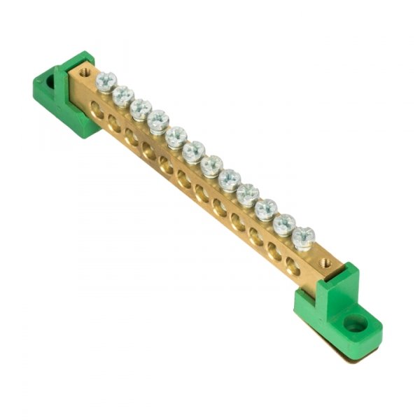 EKF PROxima Шина "0" PE 8x12мм 12 отверстий латунь с контактной пластиной 2 зелёных угловых изолятора