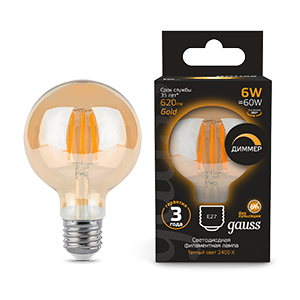 Gauss Лампаs Filament G95 6W 620lm 2400К Е27 golden диммируемая LED 1/20 105802006-D