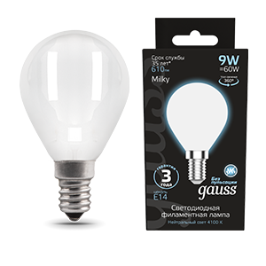 Gauss Лампа Filament Шар 9W 610lm 4100К Е14 milky LED 105201209
