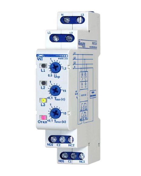 Новатек-Электро Трехфазное реле напряжения РНПП-314, 380 В, реле последовательности, перекоса и обрыва фаз ,одномодульное, аналог РНПП-311М, АПВ - 1P,