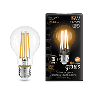 Gauss Лампа Filament А60 15W 1400lm 2700К Е27 LED 102902115