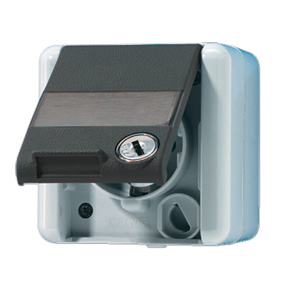 JUNG Штепсельная розетка SCHUKO с замочным механизмом для накладного монтажа IP44 820NAWSL