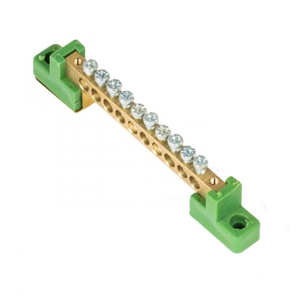 EKF PROxima Шина "0" PE 6x9мм 10 отверстий латунь с контактной пластиной 2 зелёных угловых изолятора